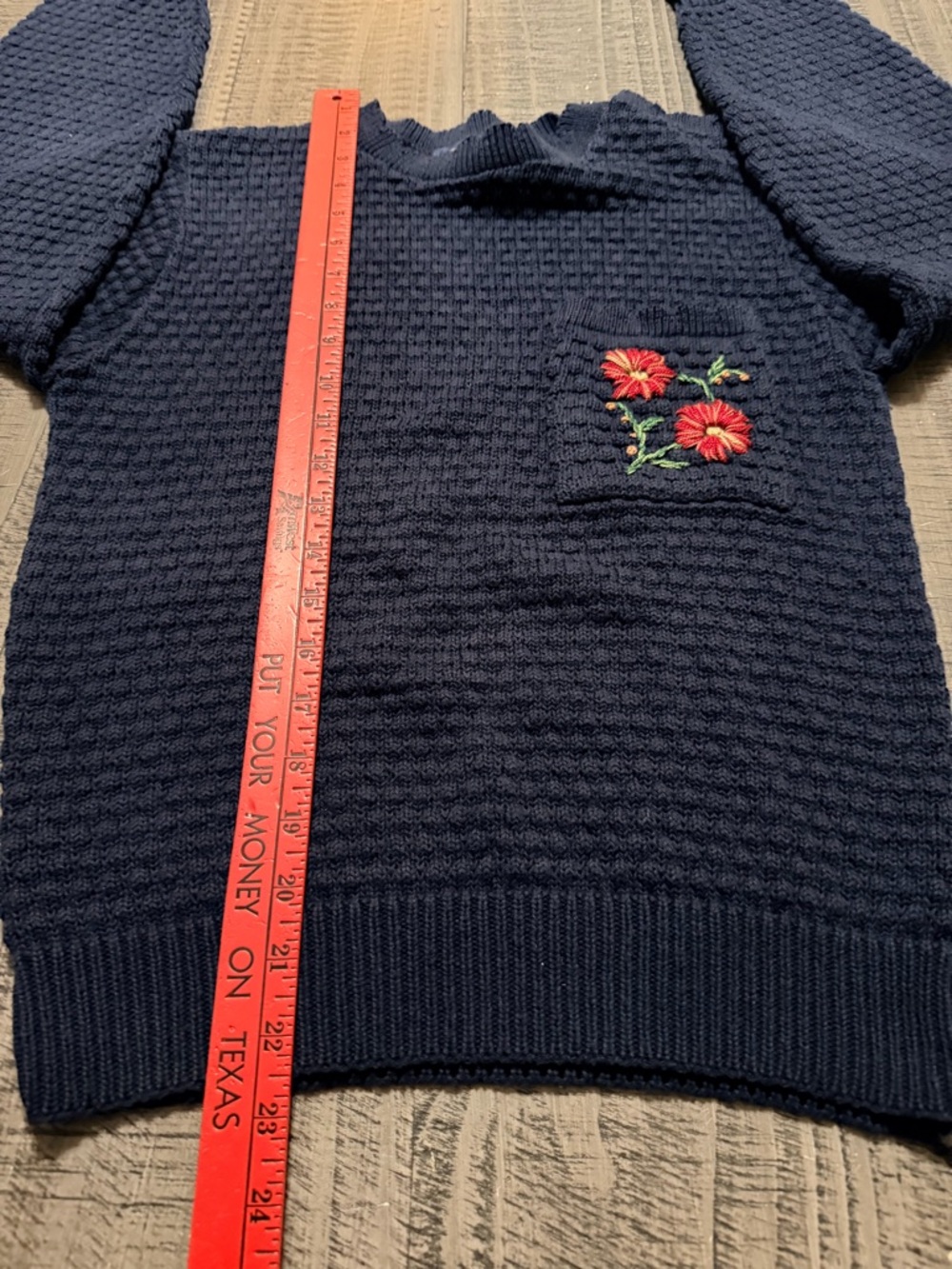 Crewneck Navy Textured Knit Sweater with Floral Pocket - Picture 6 of 9